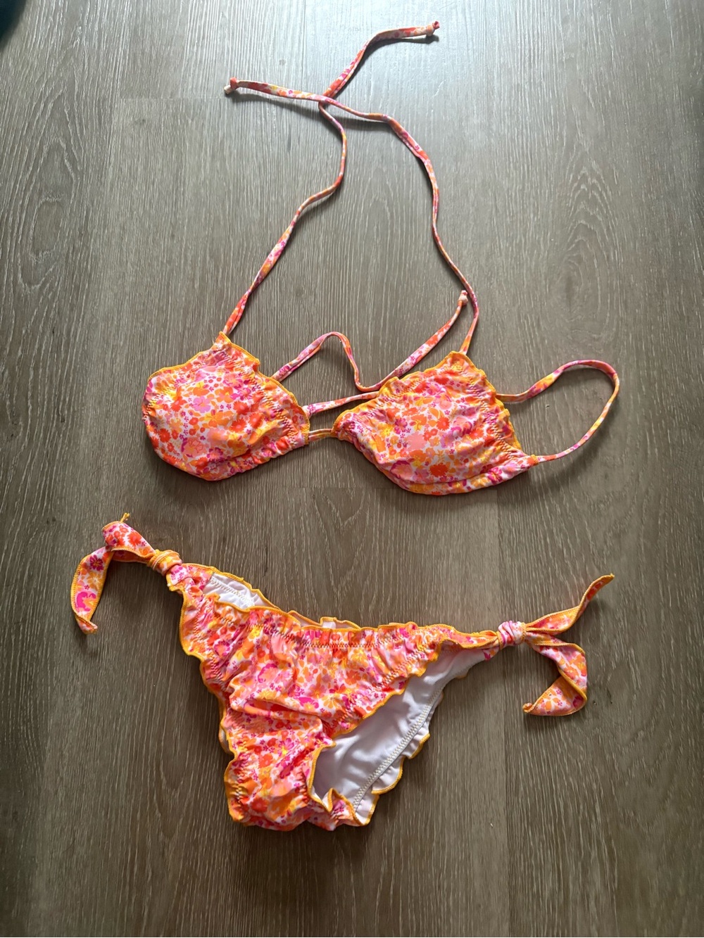 SHEIN Pink and Orange Floral Ruffled Bikini Set